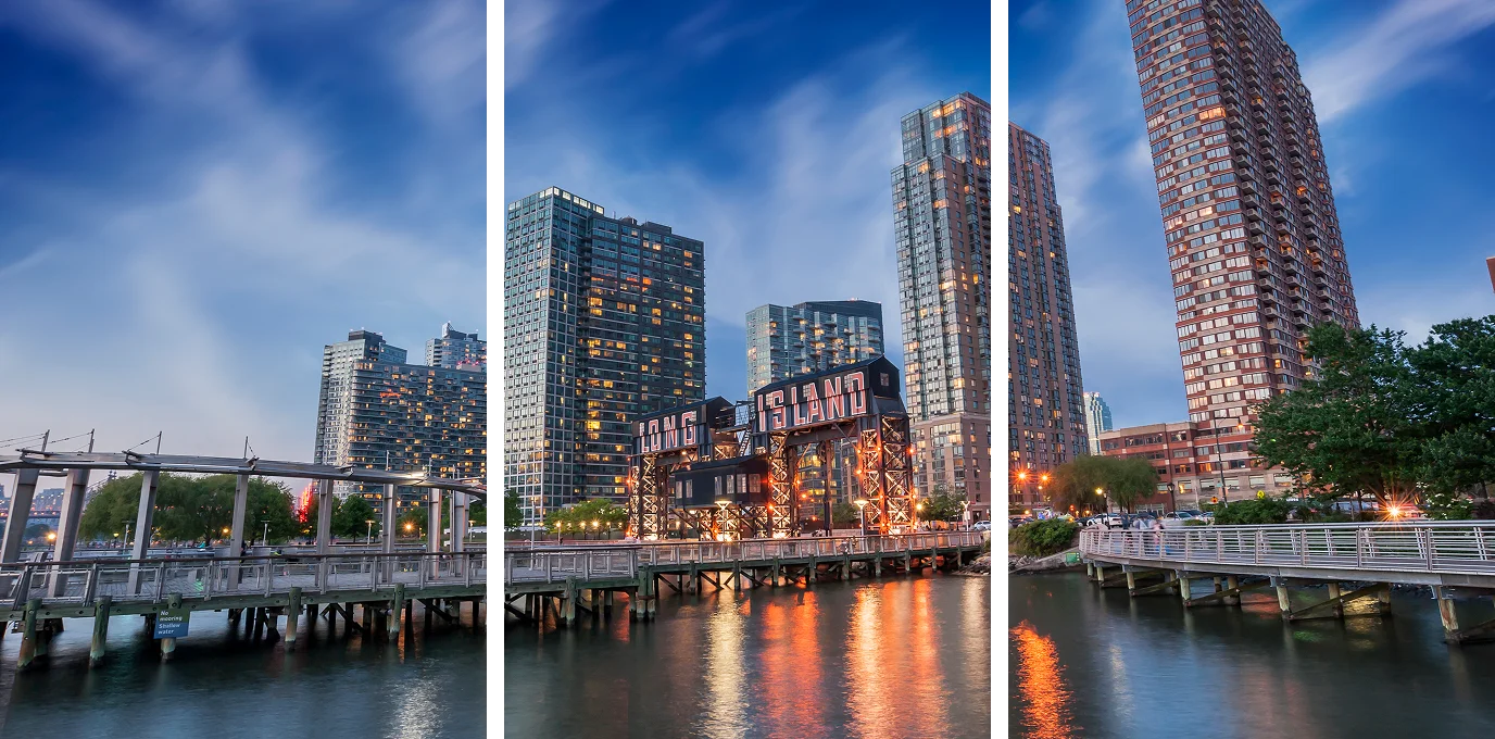 A panoramic triptych showing the Long Island City skyline at dusk. The central panel highlights the illuminated, historic "Long Island" sign along the East River waterfront.